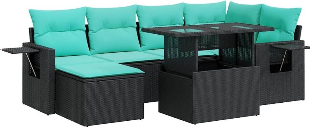 7-tlg. Garten-Sofagarnitur mit Kissen Schwarz Poly Rattan