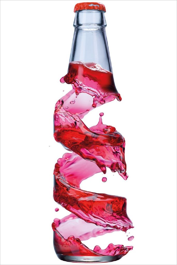 Wallario Poster - Flasche mit roter Brause - Wirbelsturm, Kunstdruck Größe: 100 x 150 cm