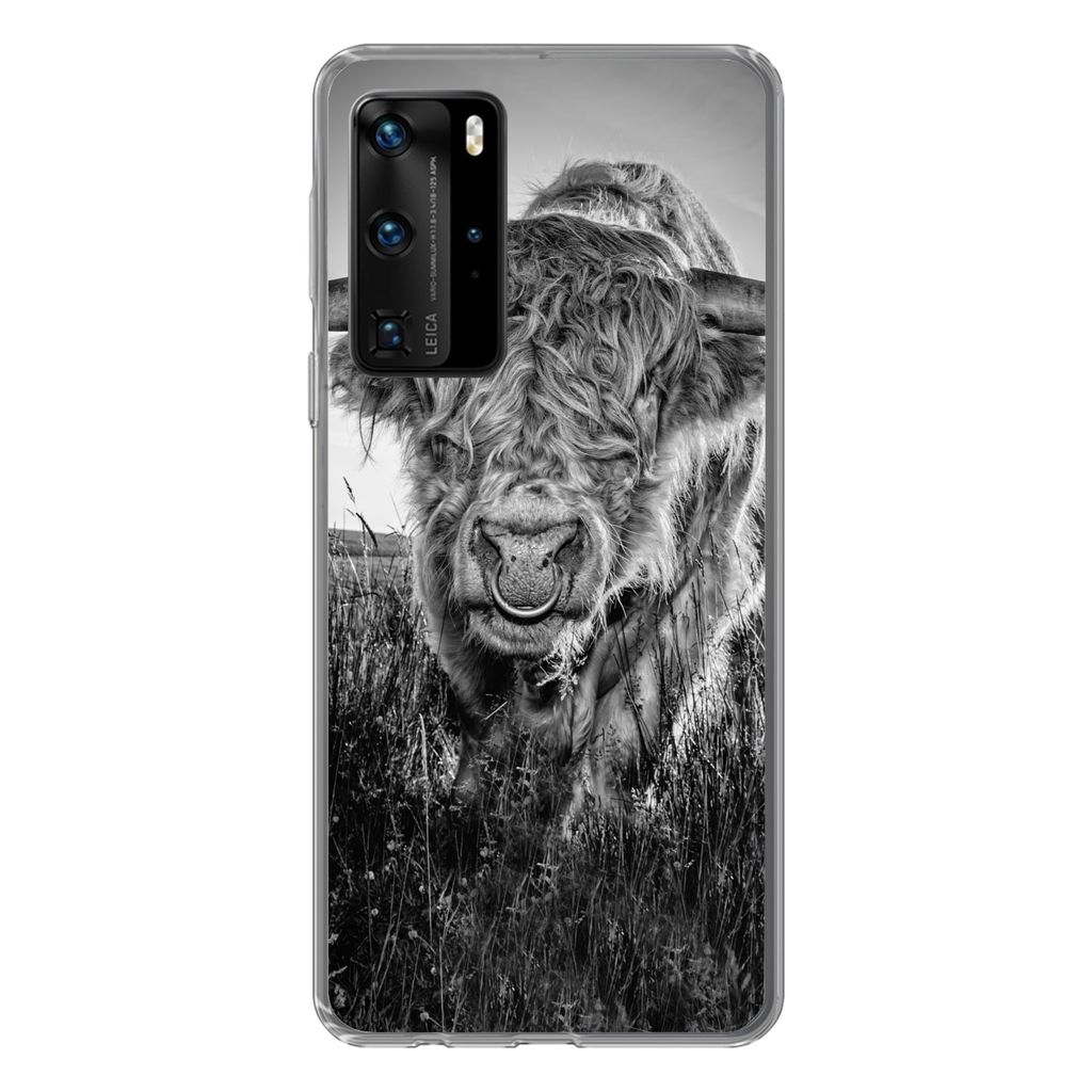 MuchoWow Handyhülle Schutzhülle Hülle für Huawei P40 Pro Schottischer Highlander - Schwarz und Weiß Silikon Softcase Handy Hülle - Schutz