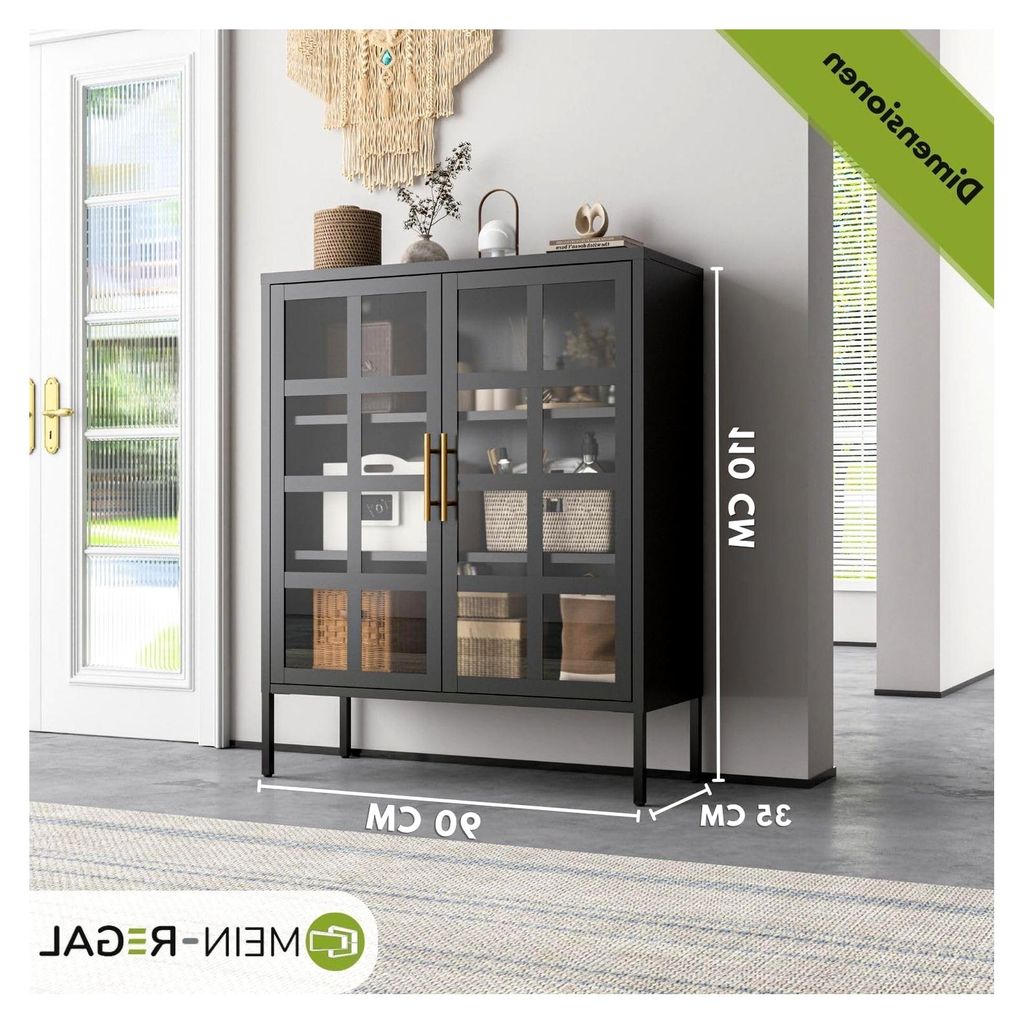 Highboard Glasgow Schwarz, Glasvitrine aus Metall, Beistellschrank für Wohnzimmer, Büro, Esszimmer, mit Glastüren im Industrial Style LxBxH 90x3...