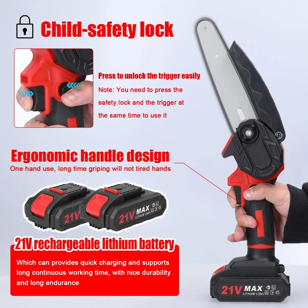 Mini-tronçonneuse 21V légère à une main - Pack de 2 batteries 15 cm