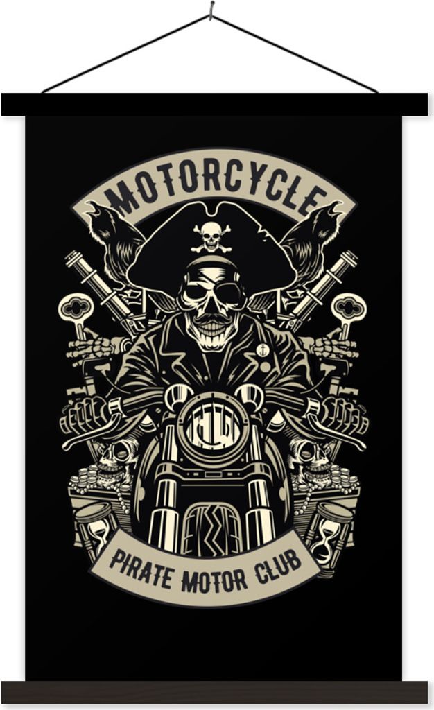 MuchoWow Textilposter Piraten - Motor - Retro - Zeichnung 60x90 cm mit schwarzem Rahmen - Poster Wohnzimmer
