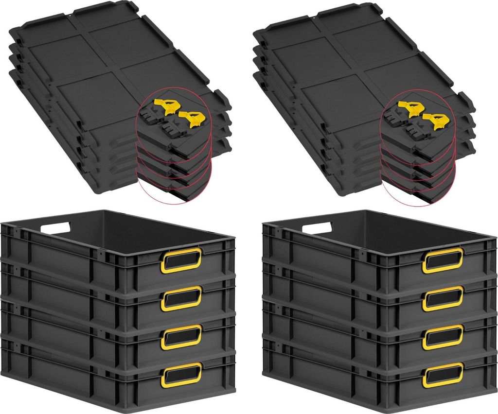 SuperSparSet 8x Eurobox NextGen Color mit Scharnierdeckel und Schiebeschnappverschlüssen | HxBxT 12x40x60cm | 23 Liter | Schwarz | Griffe gelb off...