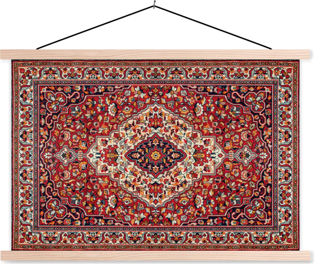 MuchoWow Textilposter Persische Teppiche - Teppiche - Muster - Rot 120x80 cm mit holzfarbenen Rahmen - Aufhängeset