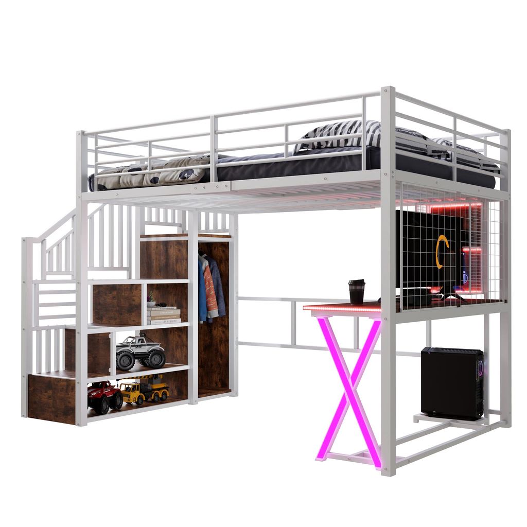 A loft bed with a desk, wardrobe, and shelves, featuring LED lighting.