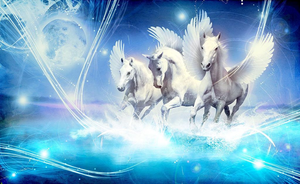Vlies Fototapete Kinderzimmer Einhorn (254x184cm - 2 Bahnen) Mädchen Pony blau Pegasus Fantasy Märchen Wandtapete Tapete Latexdruck UV-Beständig...