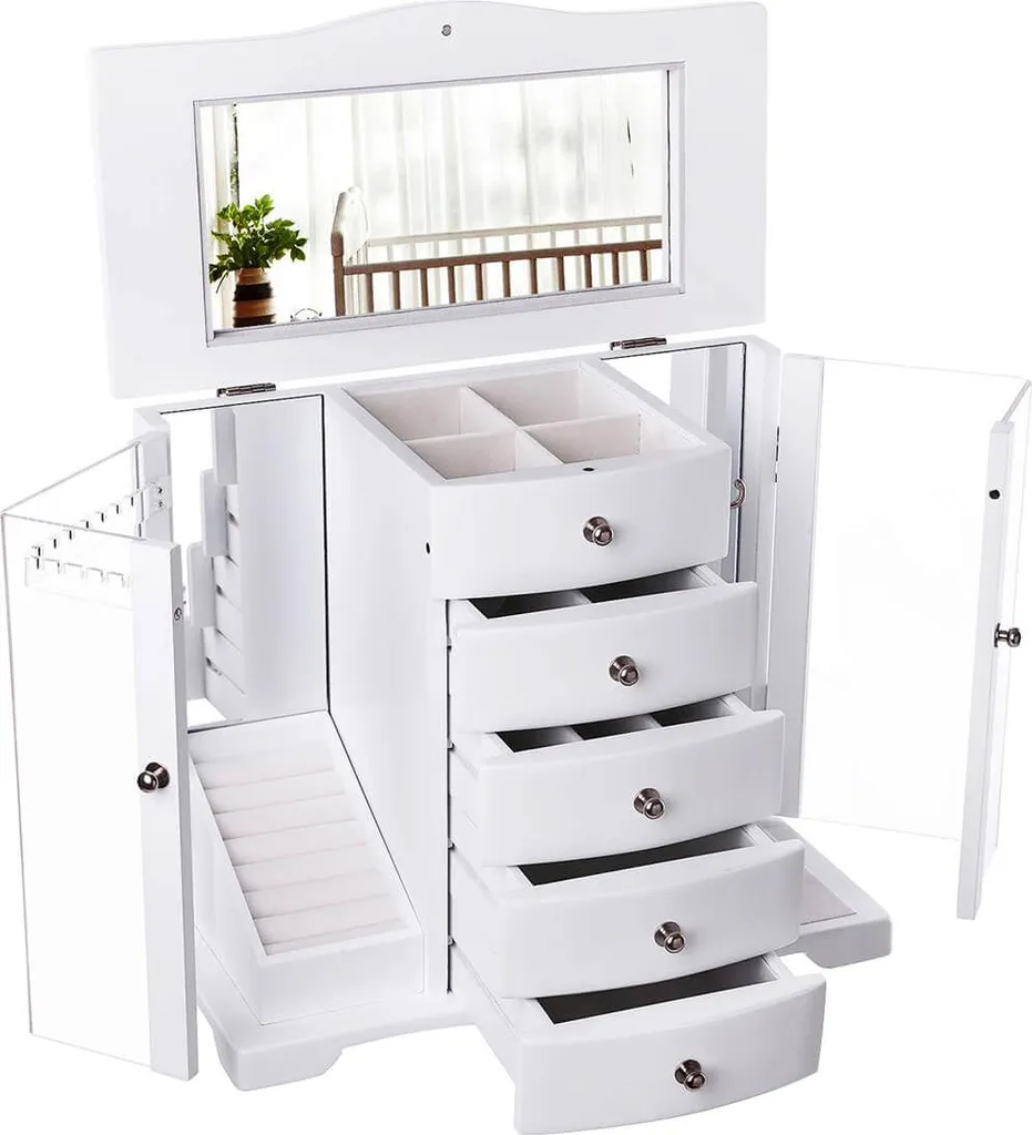 Grand organiseur à bijoux blanc avec tiroirs et miroir intégré pour femme