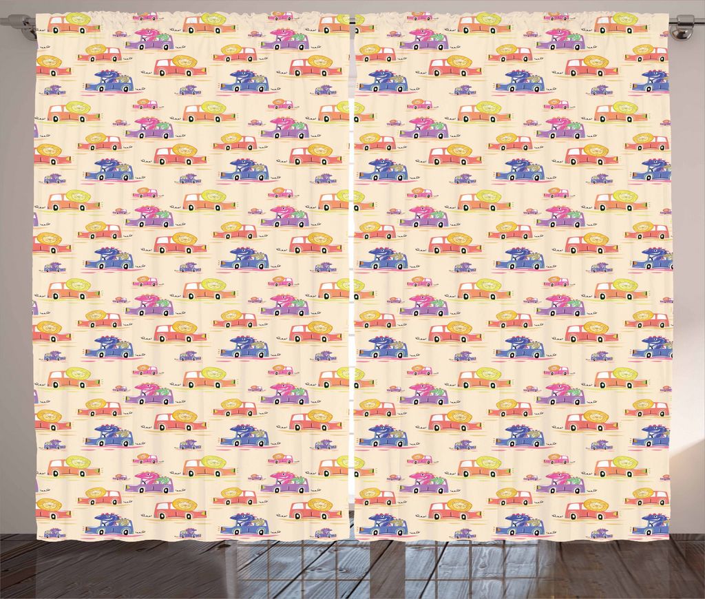 ABAKUHAUS Tier Rustikaler Vorhang, Lustige Löwen Dinos in Autos, Wohnzimmer Universalband Gardinen mit Schlaufen und Haken, 280 x 225 cm, Mehrfarbig