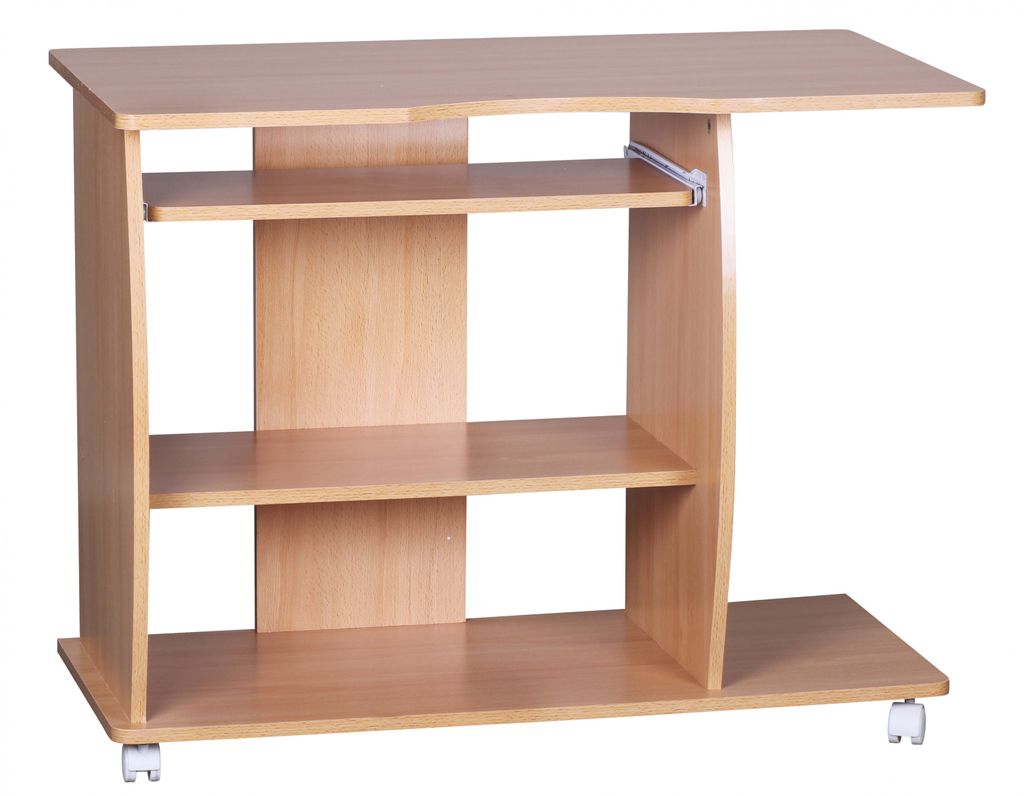 WOHNLING Computertisc rollbar Buche 90 x 71 x 50 cm mit Tastaturauszug Laptop Tisch auf feststellbaren Rollen PC-Tisch mit Drucker-Ablage platzsparend