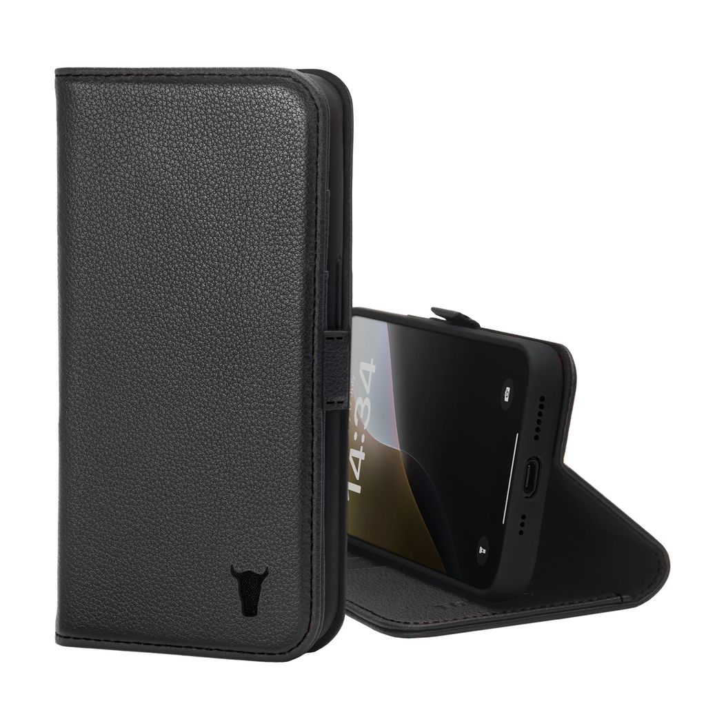 A black leather phone case is shown open, with a smartphone inside.