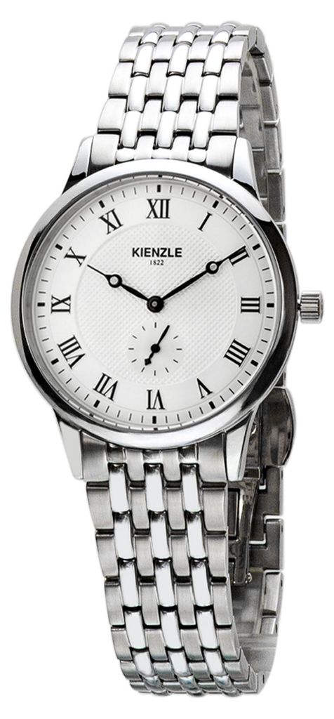 Kienzle Damenuhr 32 mm Gehäuse aus Edelstahl Quarzwerk Ronda kleine Sekunde 5 ATM Weißes Guilloché-Zifferblatt poliert satiniertes Armband Falts...