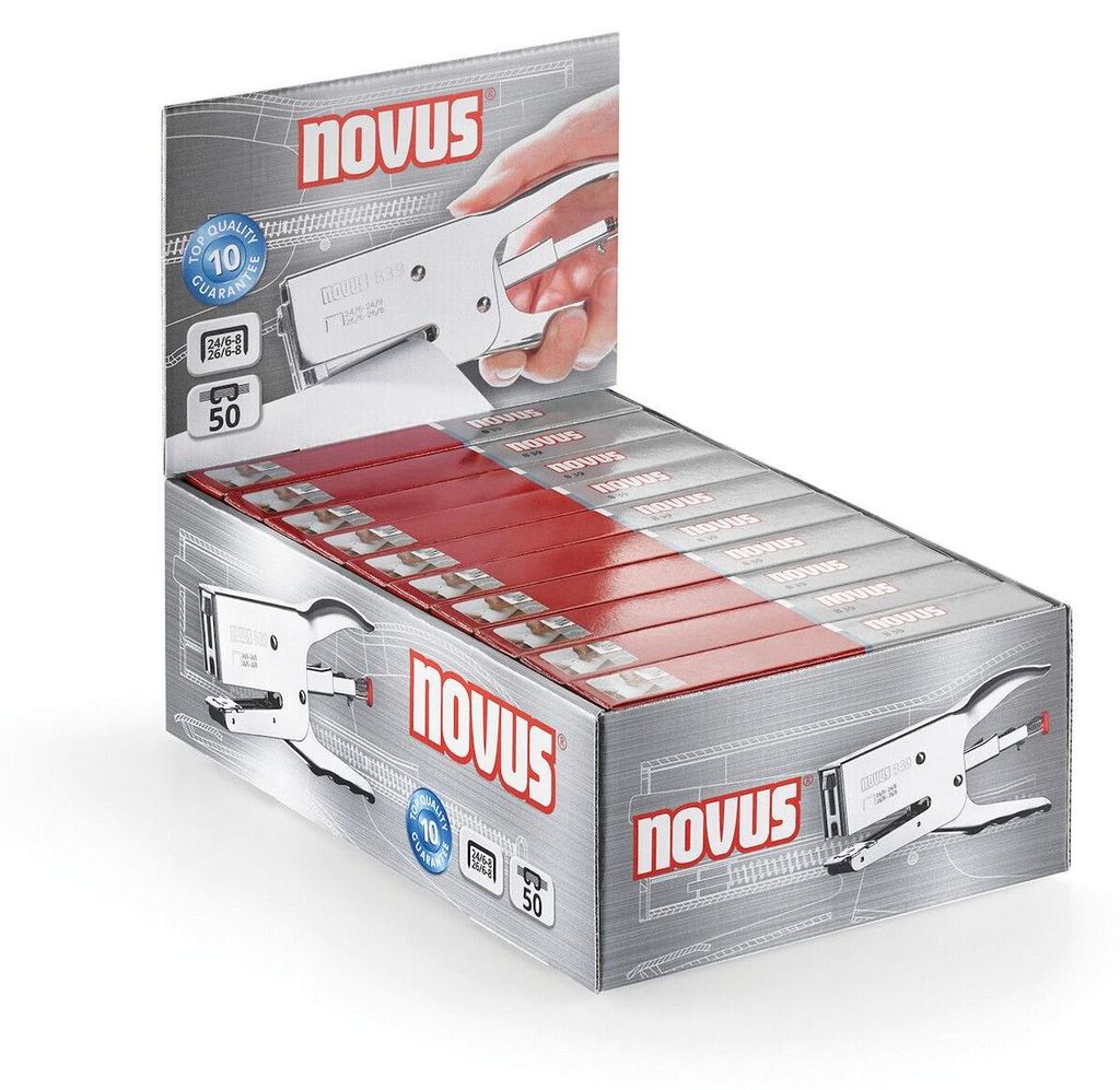 Novus Heftzange B 39, bis 50 Blatt chrom, 10 Stück im POS Display