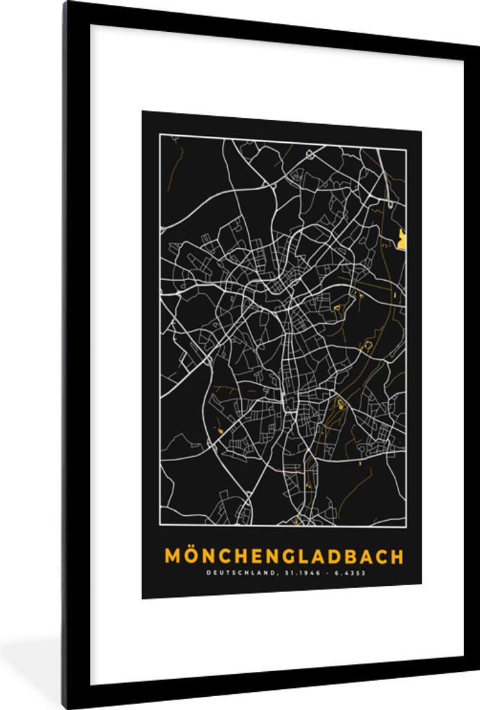 MuchoWow Gerahmtes Poster Mönchengladbach - Gold - Stadtplan - Karte - Deutschland 60x90 cm - Poster mit Schwarzem Bilderrahmen Wandposter Rahme...
