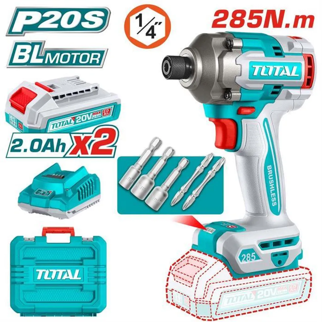 Visseuse à chocs Brushless 285 Nm TOTAL 20V, embout 1/4 pouce et kit
