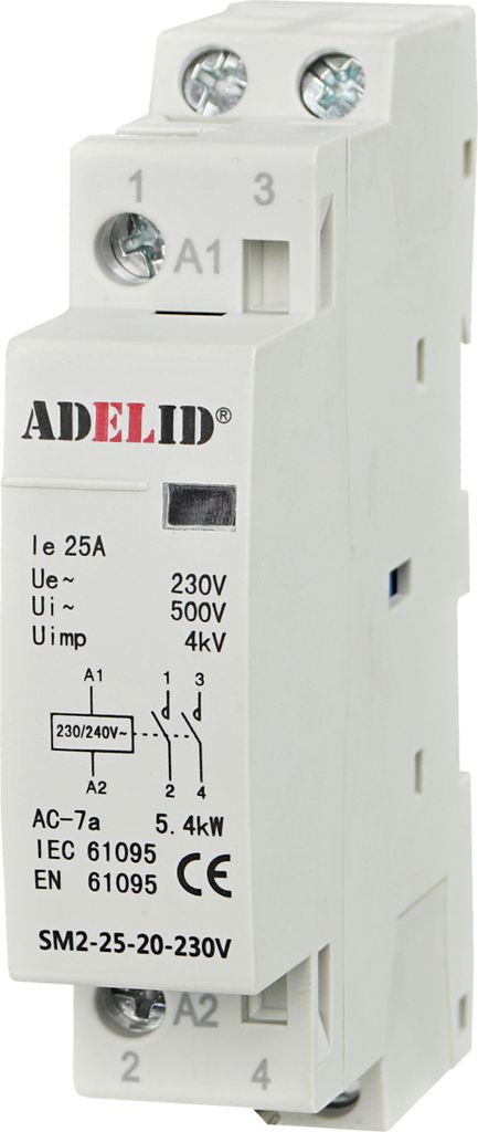 A white electrical component, likely a relay or contactor, with branding and technical specifications printed on its surface.