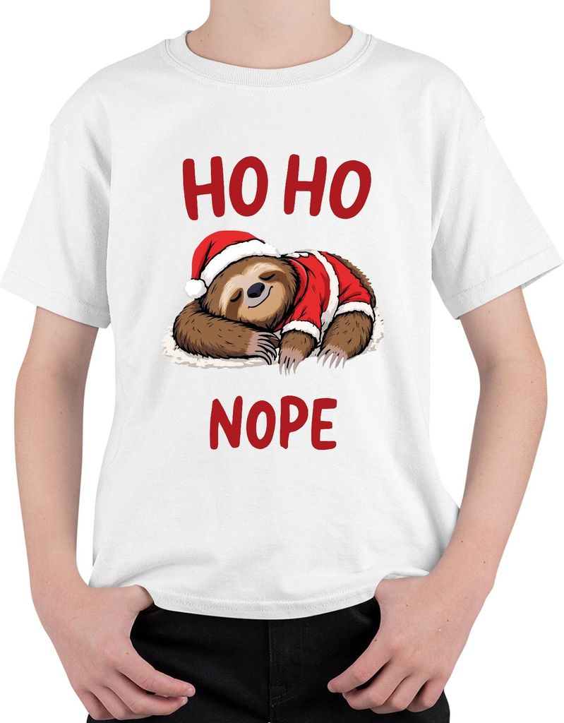 HO HO NOPE Faultier Weihnachtsmütze Schlafend Lustig Geschenk Uni Kinder T-Shirt, Weiß, 152