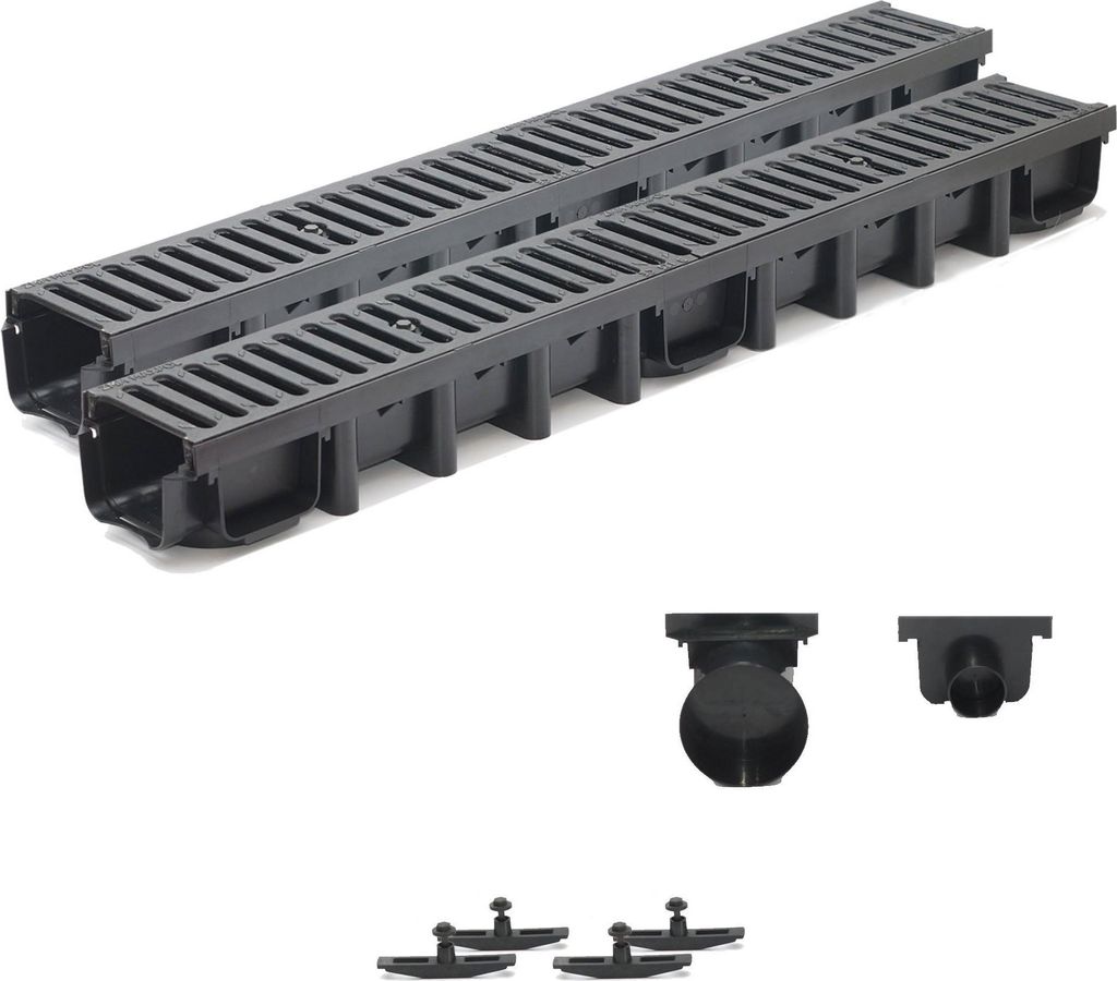 2m Entwässerungsrinne Belastungsklasse C250, 98mm Gußrost komplett SET