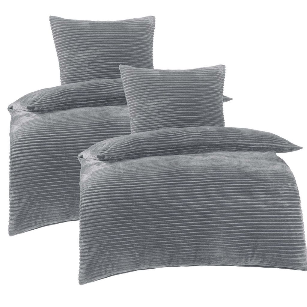 Bettwäsche Winter Plüsch Cashmere Cord Fleece 135x200 80x80: 4tlg. / Hellgrau