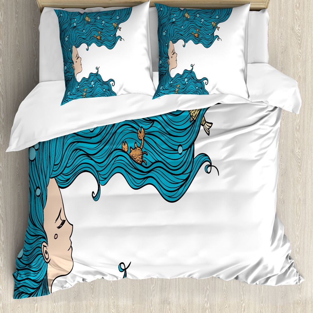 ABAKUHAUS Unterwasser- Bettbezug, Mädchen Oceanic Frisur, Milbensicher Allergiker geeignet mit Kissenbezügen, 155 cm x 220 cm - 80 x 80 cm, Petro...
