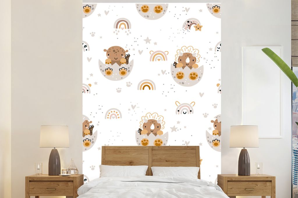 MuchoWow Fototapete für Wohnzimmer oder Schlafzimmer Wandtapete Vinyl Motivtapete Muster - Dinosaurier - Regenbogen - 155x240 cm - Tapete