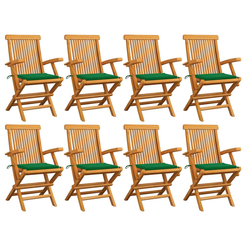 Gartenstühle mit Grünen Kissen 8 Stk. Massivholz Teak