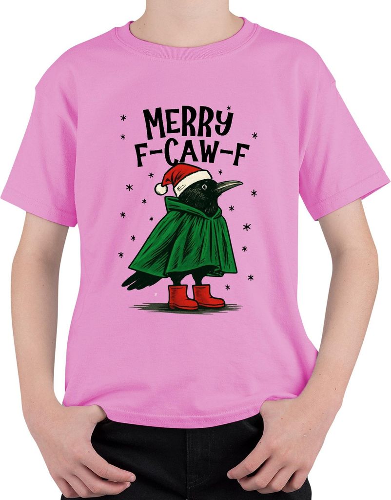 Merry F Caw F Krähe Weihnachten lustig Santa Hut Retro Uni Kinder T-Shirt, Pink, 152