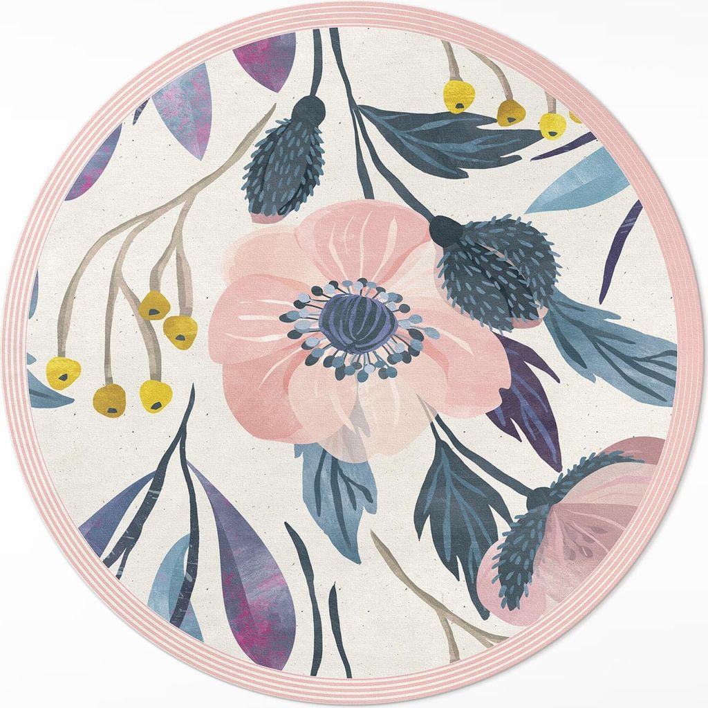 Kleine Blumen und Blätter regelmäßiges Muster– Vinyl Fußmatte – Ø 110cm – Rutschfest, Pflegeleicht & Langlebig