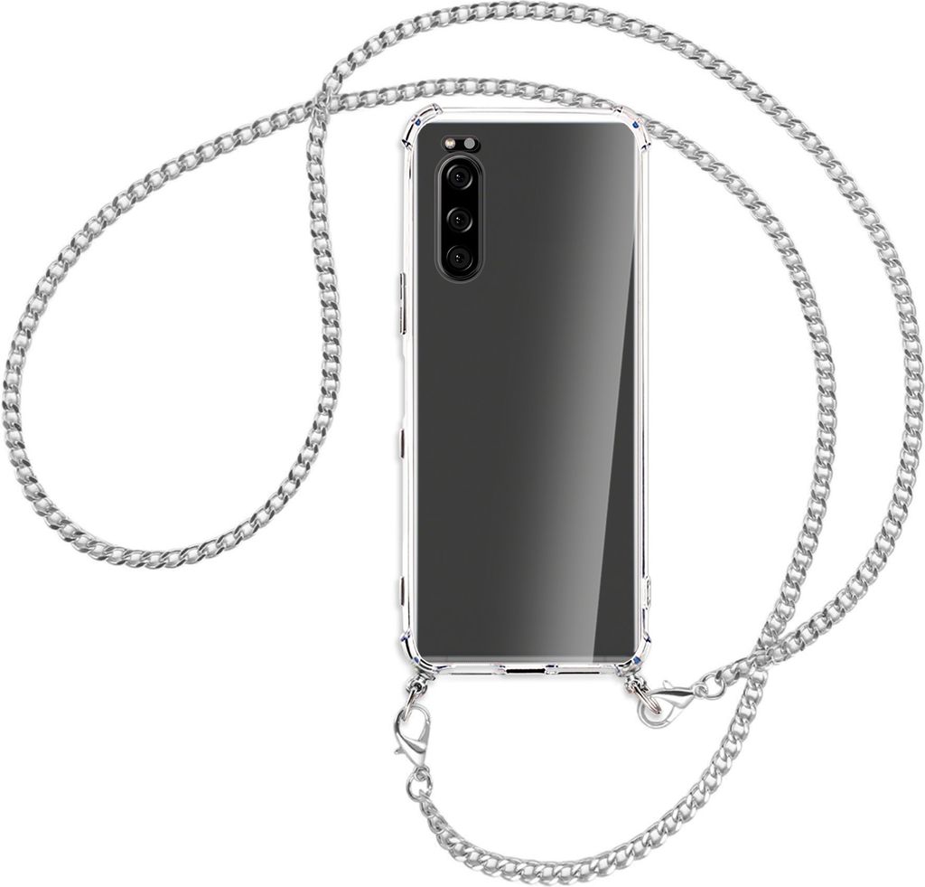 Handykette Backcover-Schutzhülle mit Band (Metall silberfarben) für Sony Xperia 5 - silberfarbene Kette