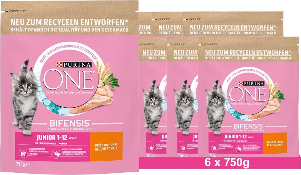PURINA ONE BIFENSIS JUNIOR 1-12 Katzenfutter Kitten trocken, reich an Huhn, 6x750g (6x750g)