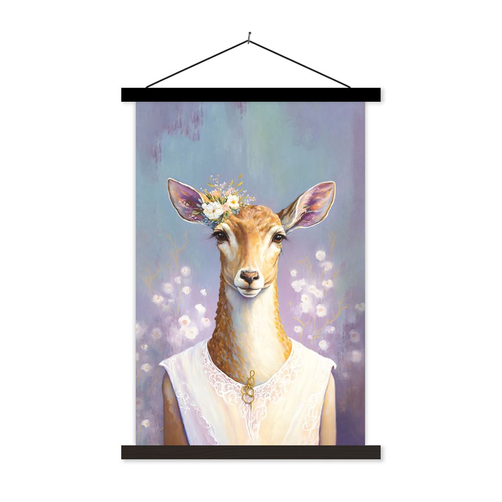 MuchoWow Textilposter Hirsche - Blumen - Gemälde - Porträt - Tiere 60x90 cm mit schwarzem Rahmen - Poster Wohnzimmer
