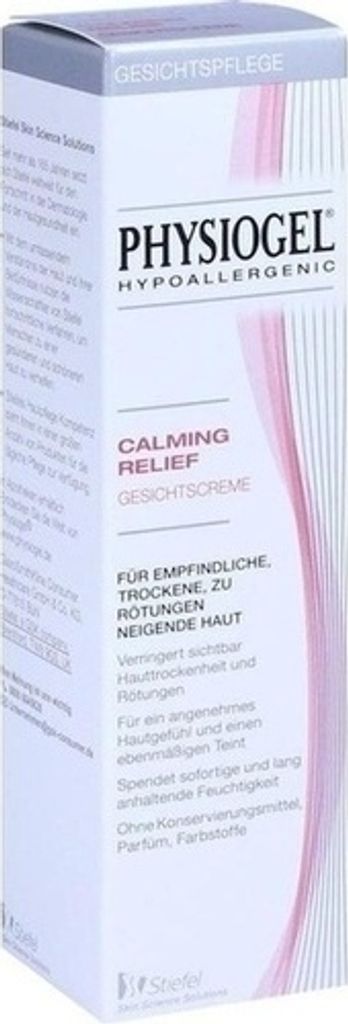 A close-up of a Physiogel Calming Relief Gesichtscreme box.