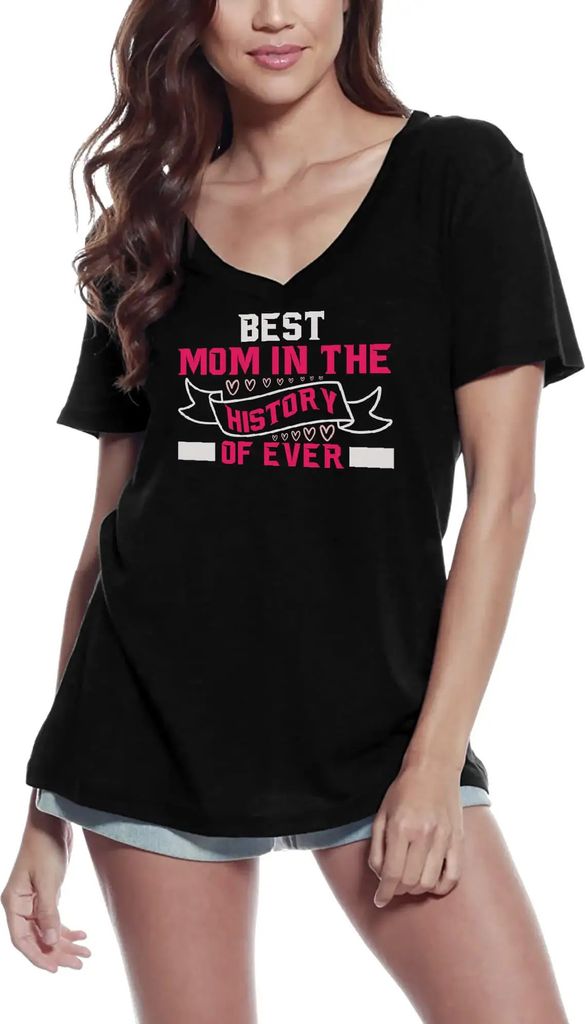 Damen Grafik T-Shirt V-Ausschnitt Die beste Mutter der Geschichte – Best Mom In The History – Öko-Verantwortlich Vintage Jahrgang Kurzarm Lustige
