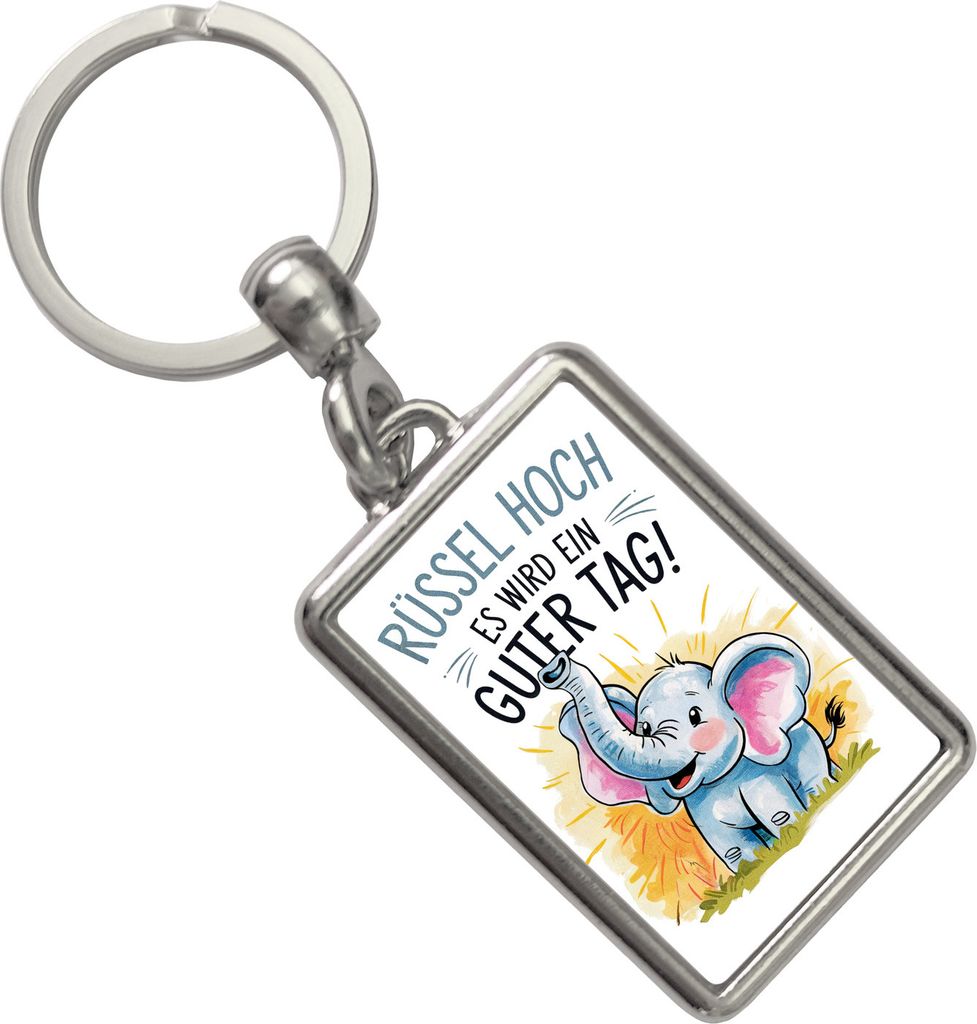 Fröhlicher Cartoon Elefant Rüssel hoch Schlüsselanhänger