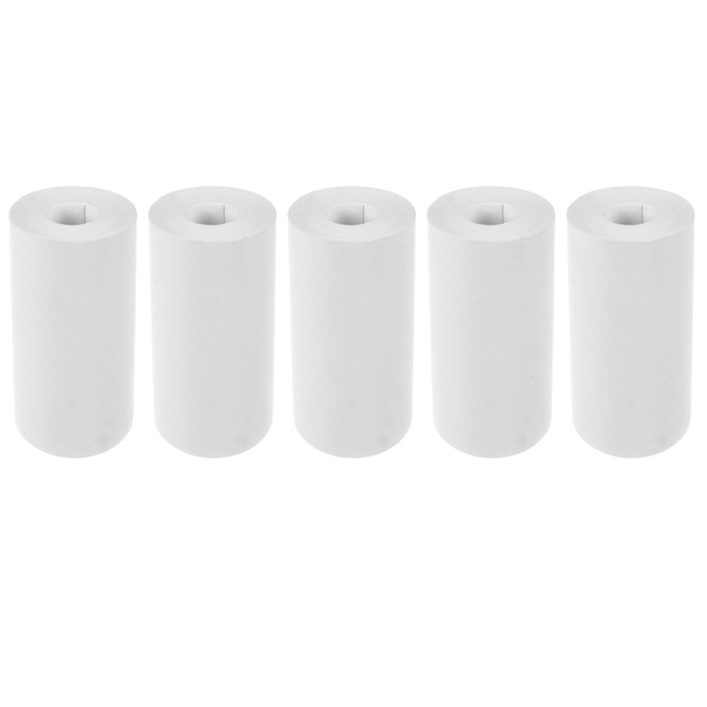Five white rolls of paper are lined up horizontally against a white background.