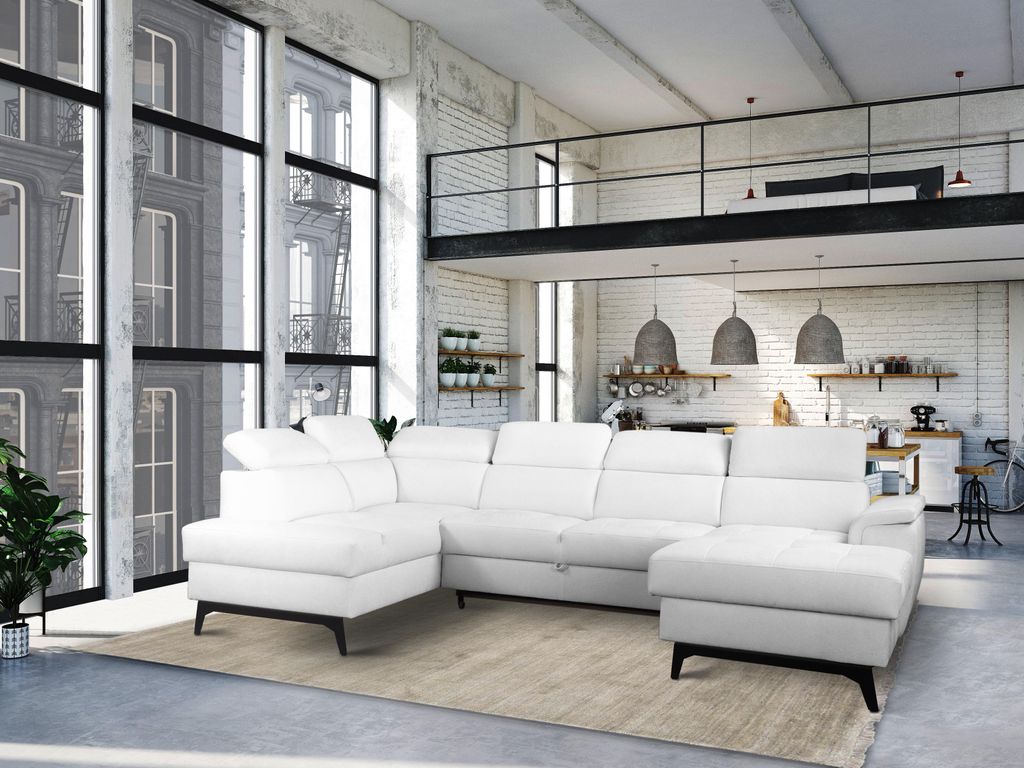 Masseno Ecksofa VOLA mit Schlaffunktion U-Form, Sofa mit Bettkasten, Wohnzimmersofa, Couch, Soffa, Bettsofa, Couchgarnitur- Weiß, BUBBLE 1