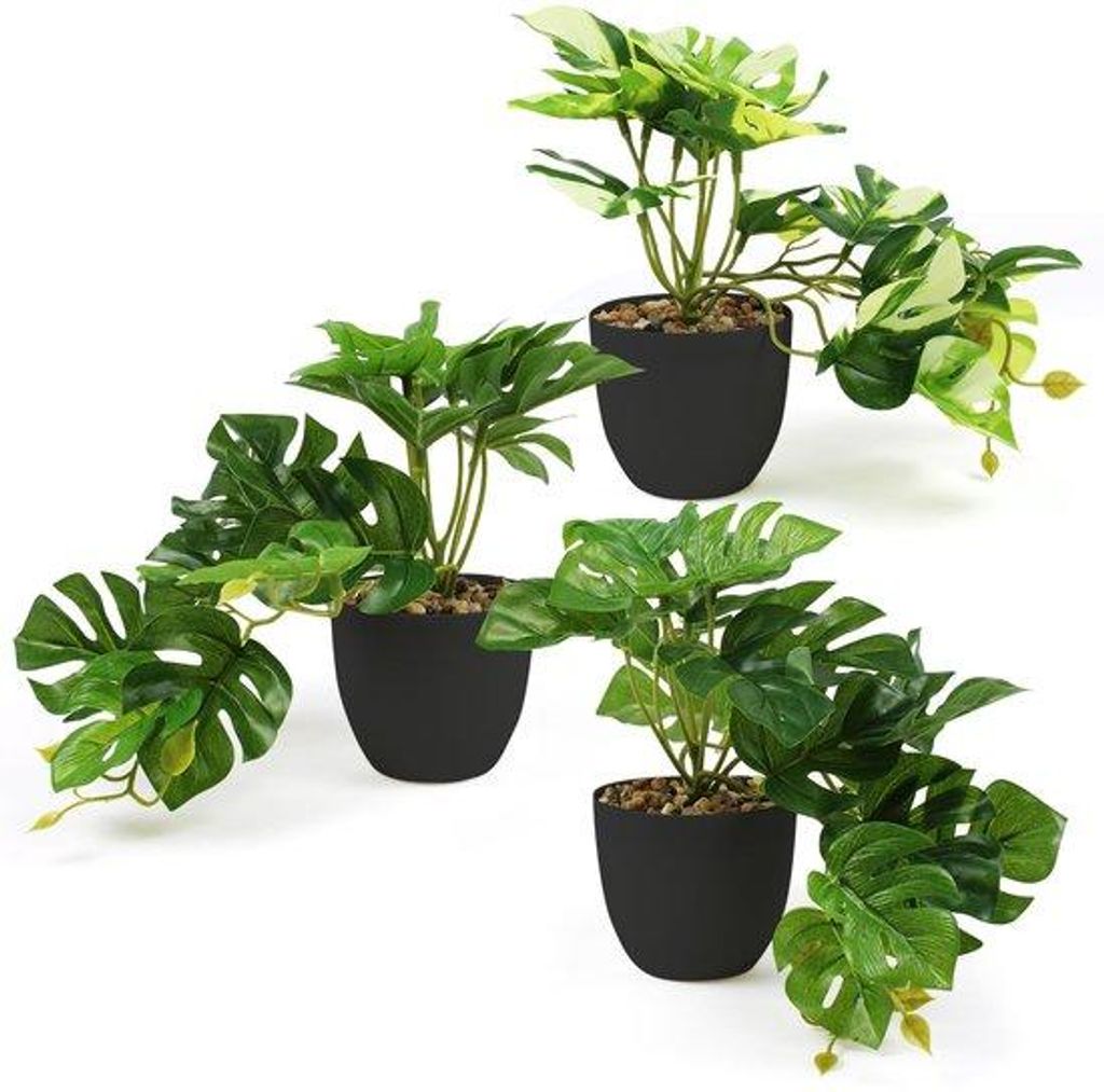 Kunstliche Pflanzen 3er-Pack Mini, 20cm, Monstera Art, für Wohnzimmer, Badezimmer, Tischdeko