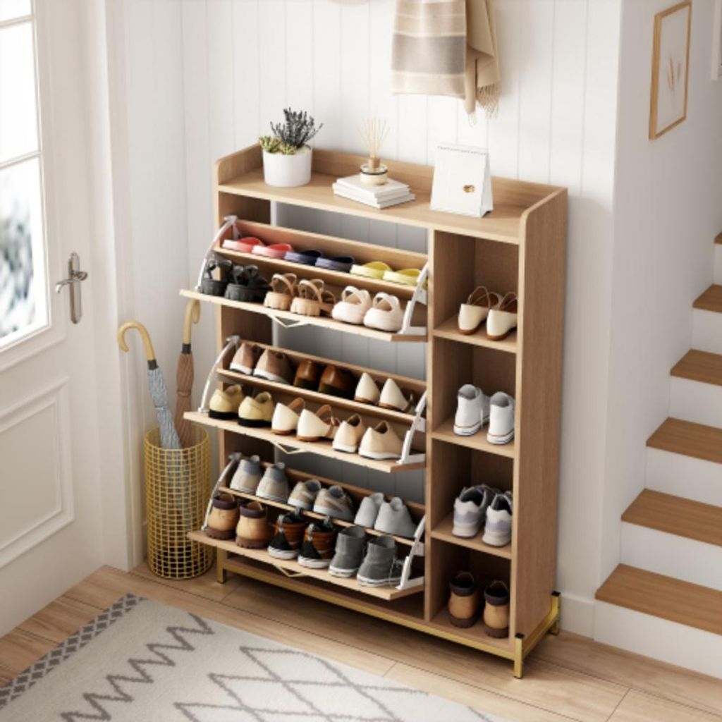 Schuhschrank, Schuhkommode mit drei Türen,Eingangsschrank, offene Seitenregale, Aufbewahrungsmöbel für den Eingangsbereich