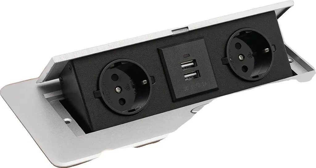 Prise électrique escamotable en alliage d'aluminium argent avec ports USB