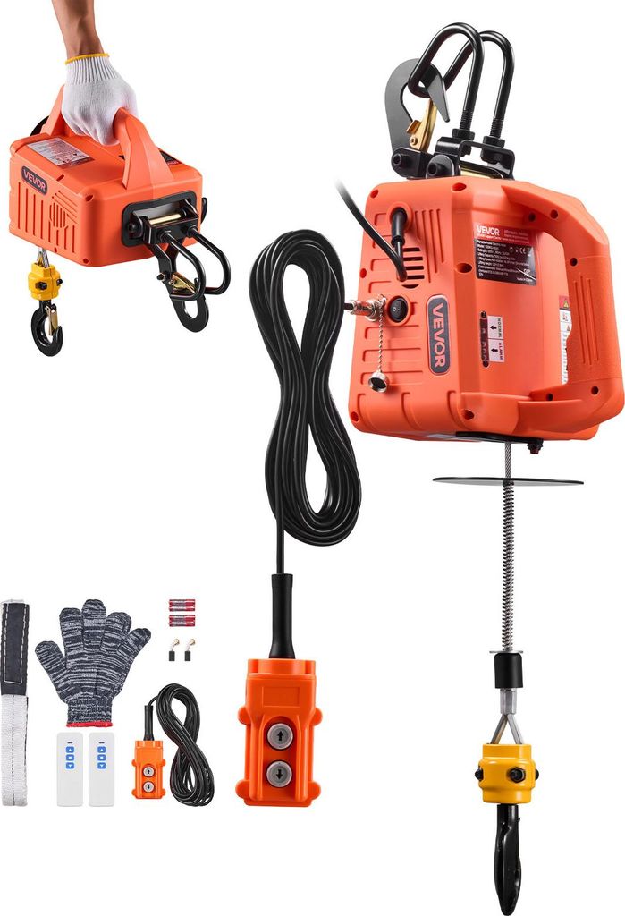 VEVOR Elektrische Seilwinde, 500 kg Tragkraft, 3-in-1 Elektro-Hebezeug, 1500 W, 7,6 m Hubhöhe, 5 m/min, mit manueller, kabelgebundener & kabellose...
