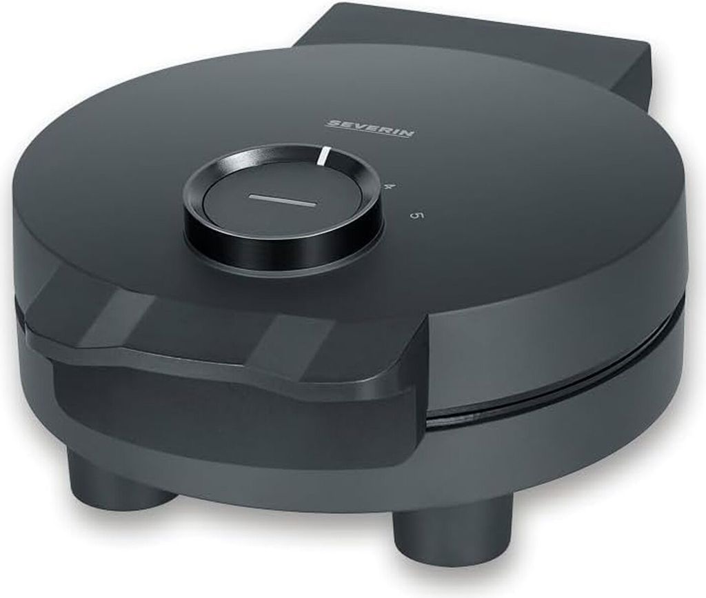 A black waffle maker is shown from a diagonal angle against a white background.
