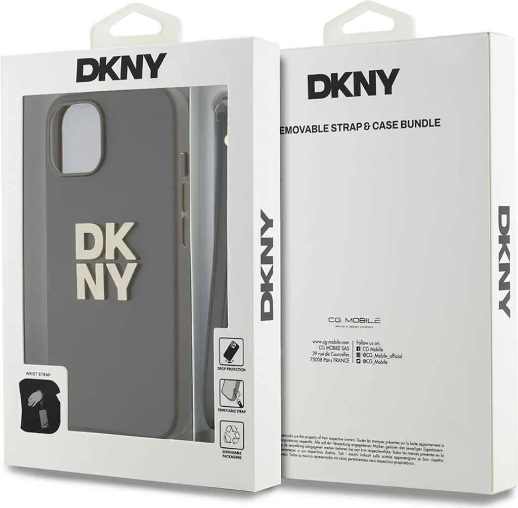 Cover DKNY iPhone 14 Marrone Leather Stack Logo con Cinturino Polso - 5