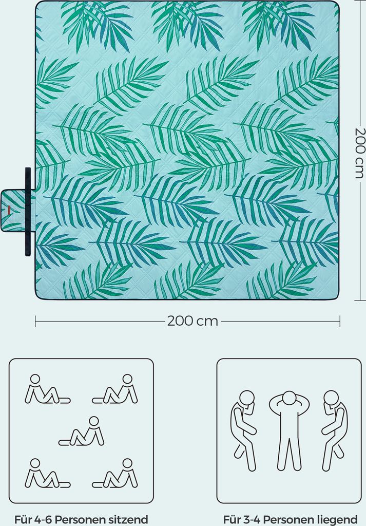 A picnic blanket with a palm leaf pattern, shown with diagrams illustrating its capacity for people sitting and lying down.