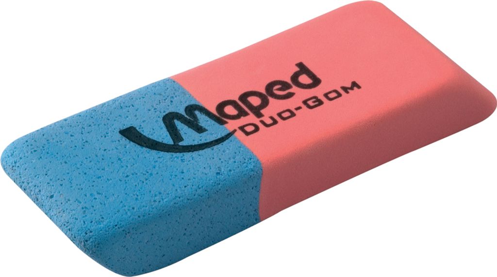 A two-toned eraser with blue and pink sections, placed on a white background.