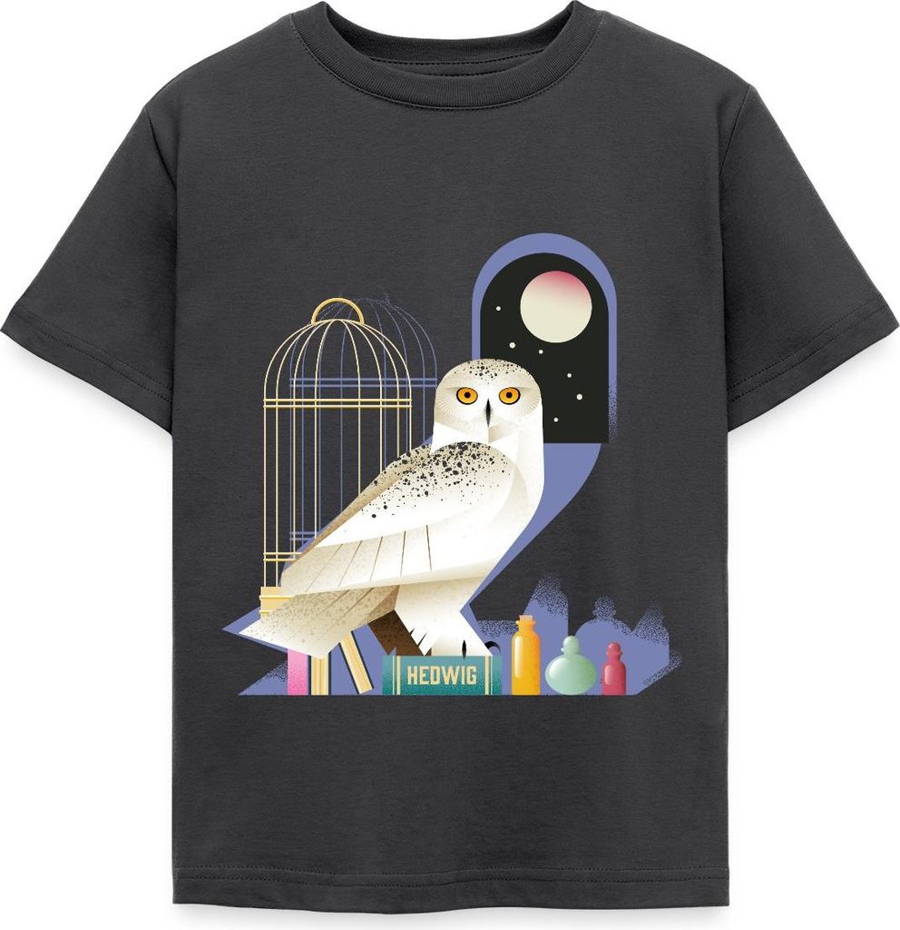 Spreadshirt Harry Potter Eule Hedwig Bei Nacht Kinder T-Shirt, 98/104 (3-4 Jahre), Dunkelgrau