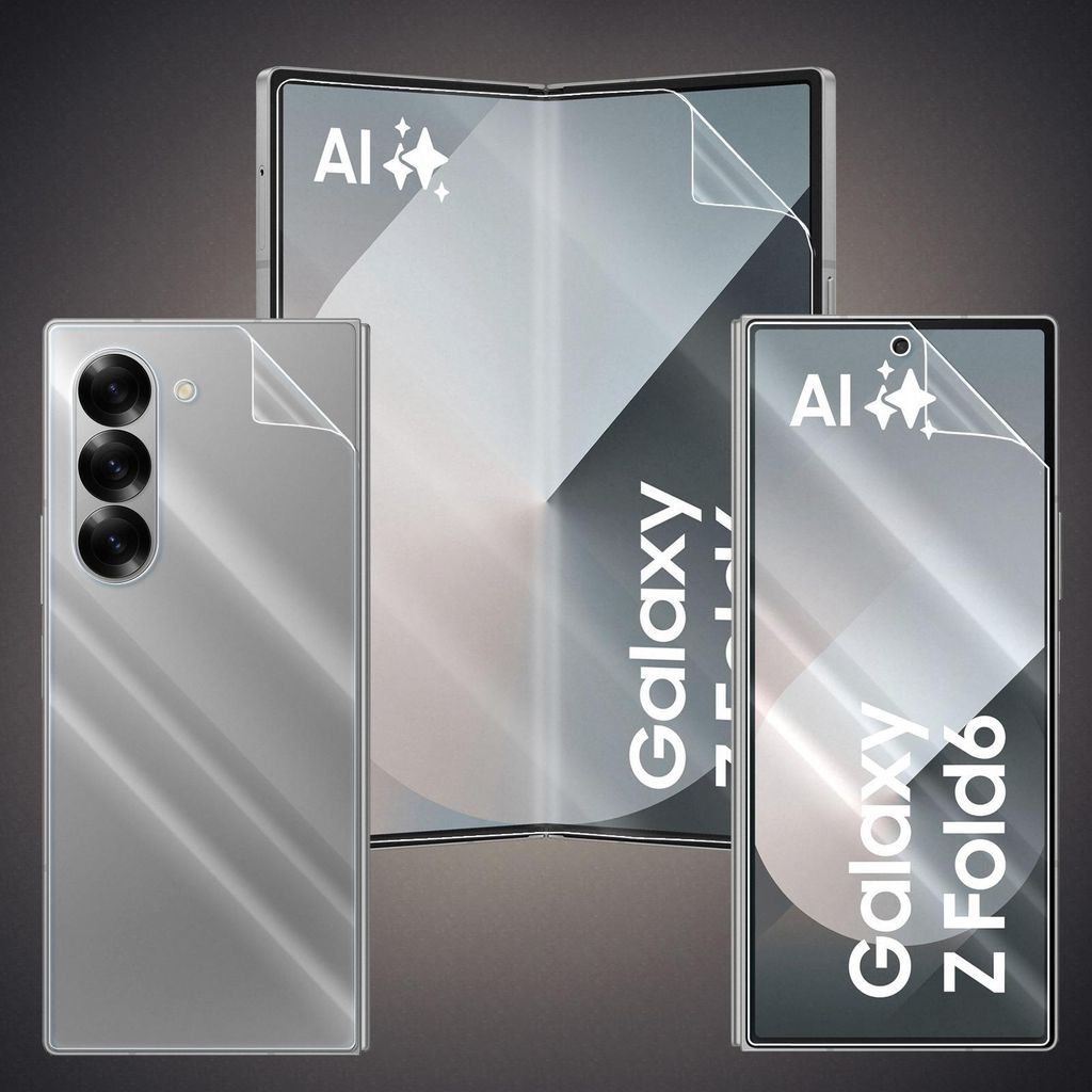 Three silver smartphones are displayed against a dark gray background. One is folded, one is open, and one is a standard smartphone. All have screen protectors applied.