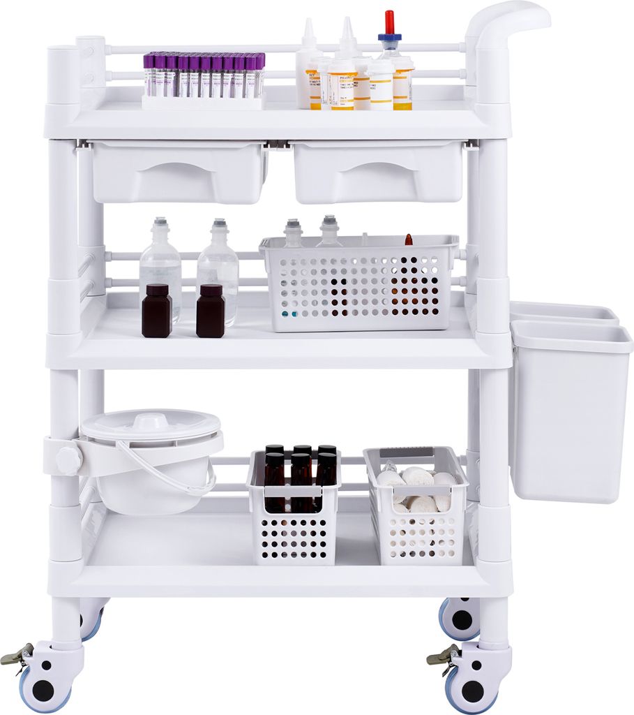 SucceBuy 3-stöckiger Laborwagen, Mehrzweckwagen mit 3 Tabletts und 4 leisen Rädern, mobiler medizinischer Wagen mit PP-Material, Rollwagen mit 3 ...