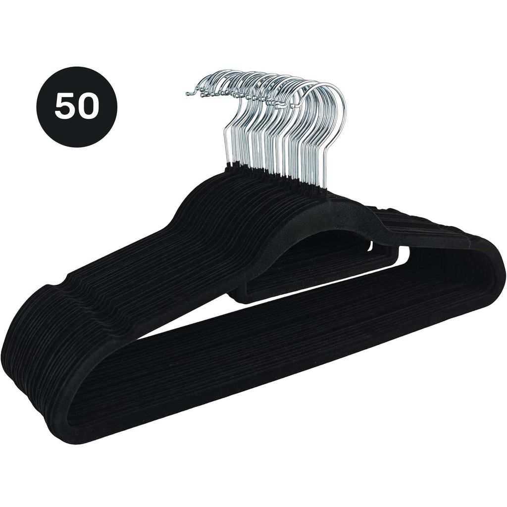 Kleiderbügel Samt 50er Set – Samtbügel schwarz - Rutschfest mit Kunststoffkern, Hosensteg, Kerben & 360° Haken für Anzüge, Hemden & Jacken!