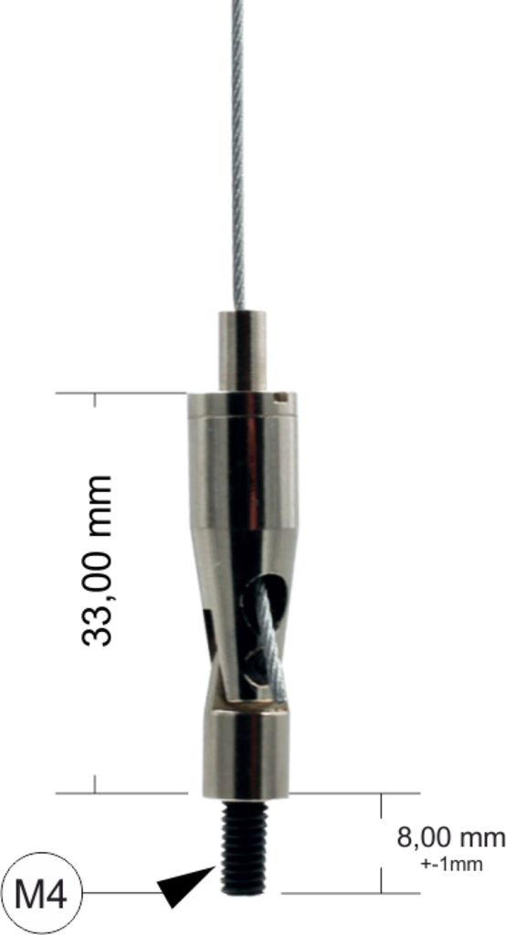 Drahtseilhalter / Gripper 15, Gelenk mit Außengewinde M4 Gewindeüberstand 8mm, für Drahtseil Ø1,0-1,5mm | vernickelt