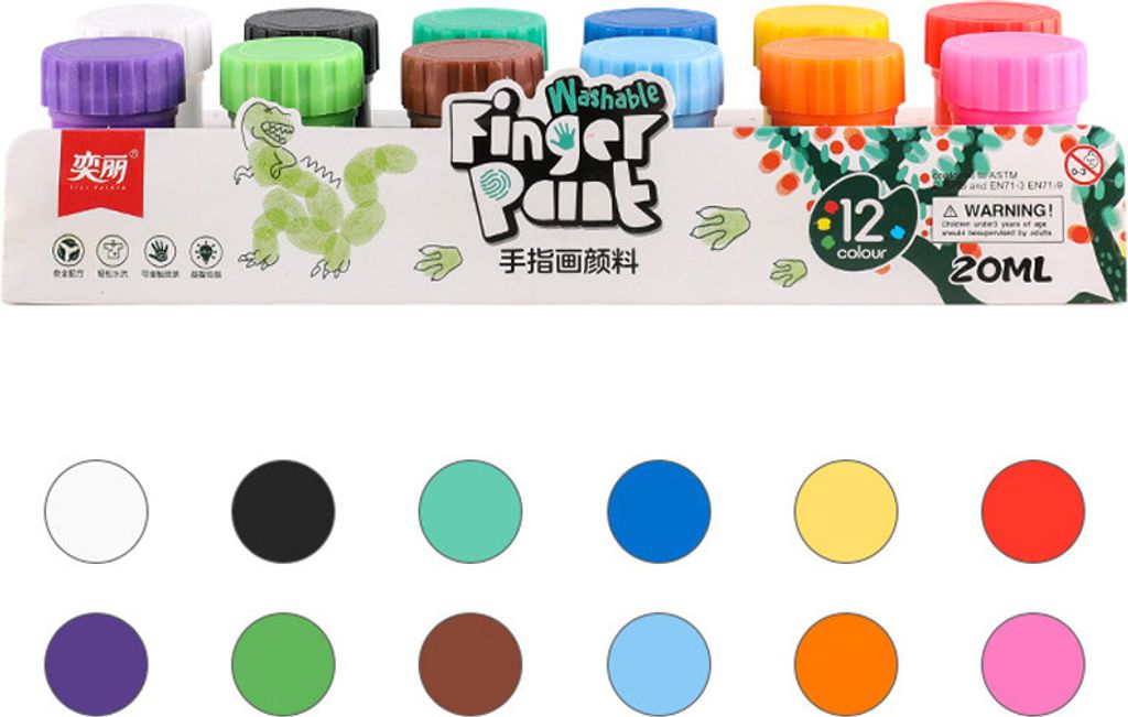 Fingerfarben-Set mit 12 lebendigen Farben, 20 ml, fuer Kinder, waschbare Farben mit 1 Pinsel, sicheres und lehrreiches Kunstzubehoer fuer DIY-Gesch...