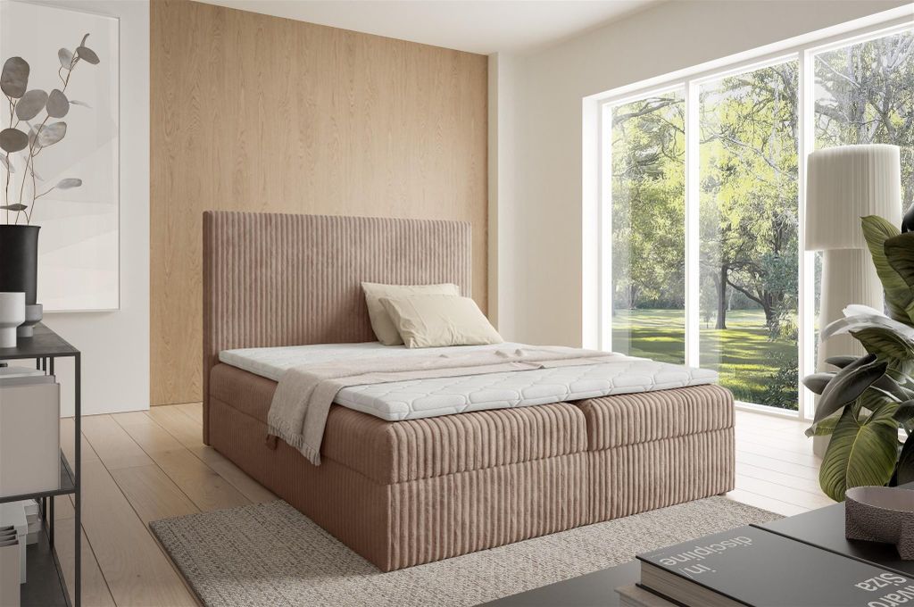 Boxspringbett Schlafzimmerbett ARNAU PREMIUM 160x200cm Stoff Tilia Beigebraun